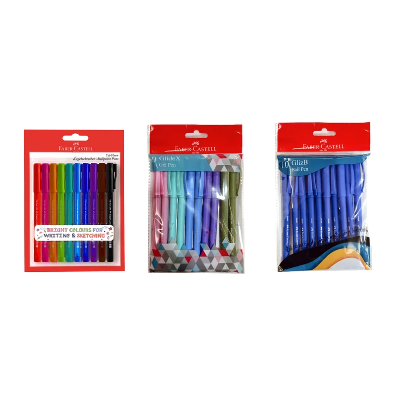 Faber-Castell Tri-Flow Multi Colour 1mm blister of 10 Glide XGel Pen-Pouchof 10 Gliz BBall Pen-Pouchof 10 Ignito Gel Pen 0.6 Box of 10 Ignito Ball Pen 0.7 Box o