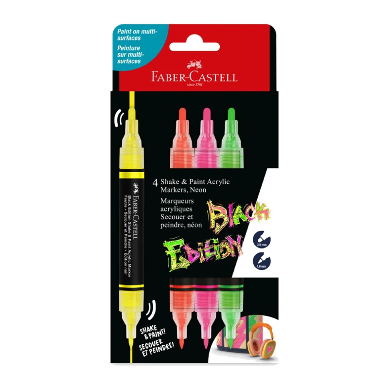 Faber-Castell Shake & Paint Acrylic Marker, Neon Pack of 4
