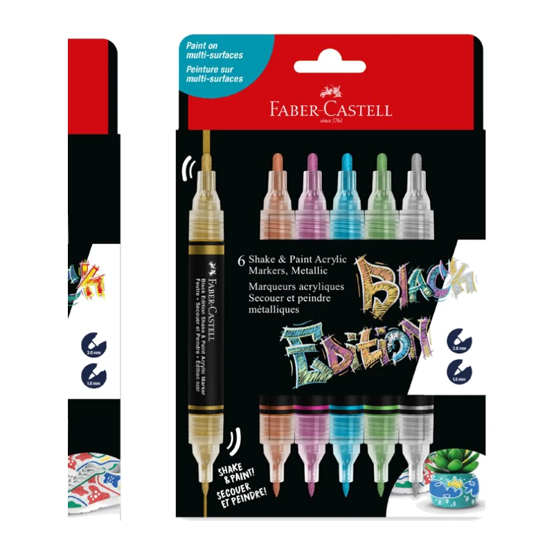 Faber-Castell Shake & Paint Acrylic Marker, Metallic Pack of 6