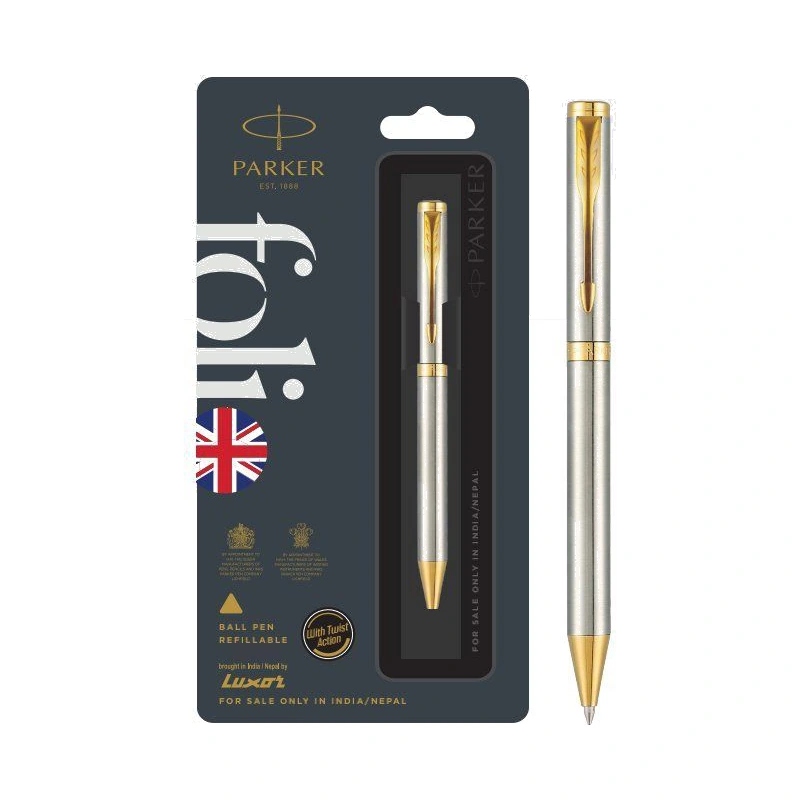 Parker Folio Stainless Steel Ball Pen (Gold Trim)