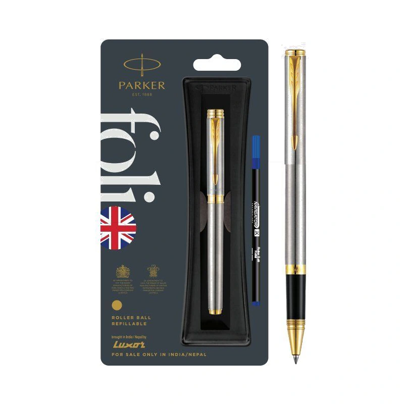 Parker Folio Stainless Steel Roller Ball Pen (Gold Trim)
