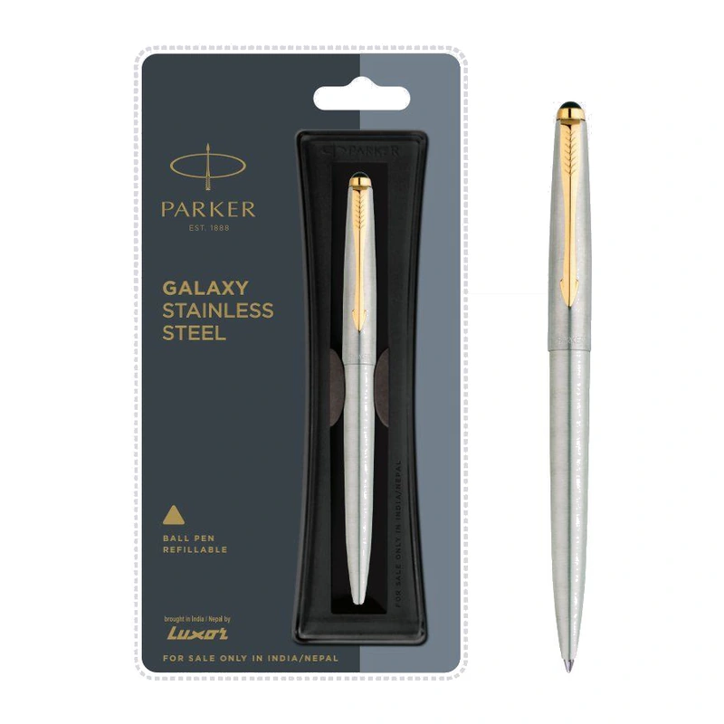 Parker Galaxy Stainless Steel Ball Pen (Gold Trim)
