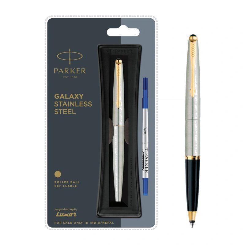 Parker Galaxy Stainless Steel Roller Ball Pen (Gold Trim)