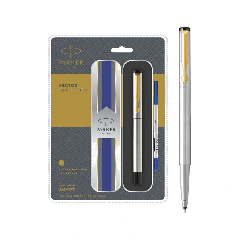 Parker Vector Stainless Steel Roller Ball Pen (Gold Trim)