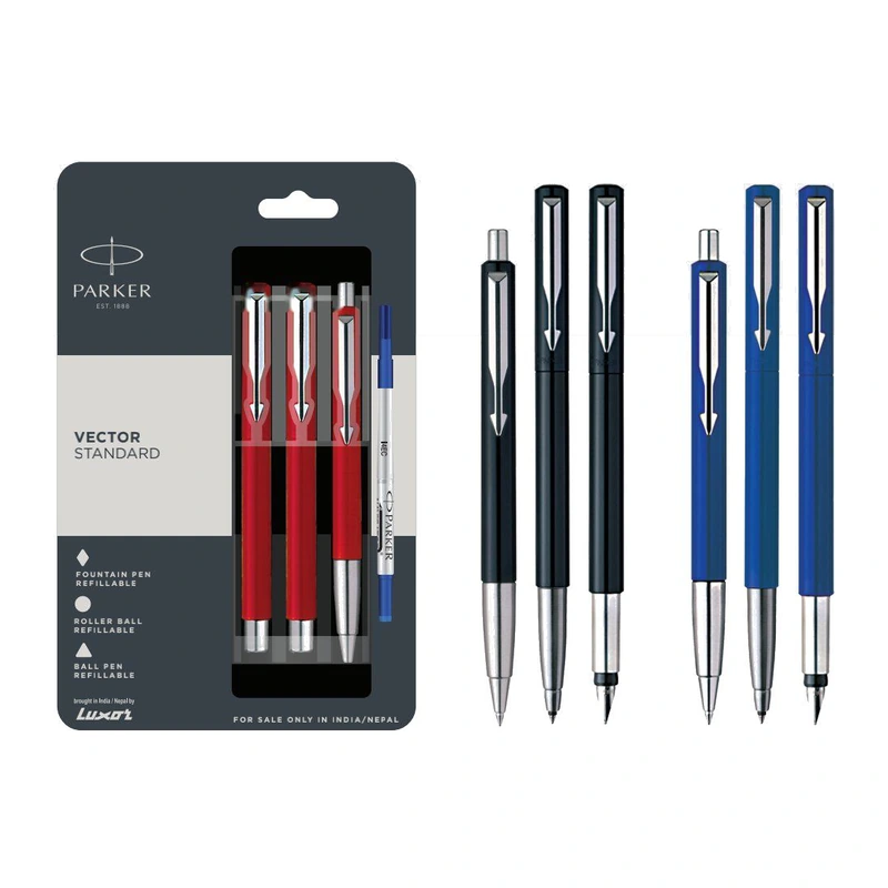 Parker Vector Standard Ball Pen + Roller Ball Pen + Fountain Pen Set (Chrome Trim)