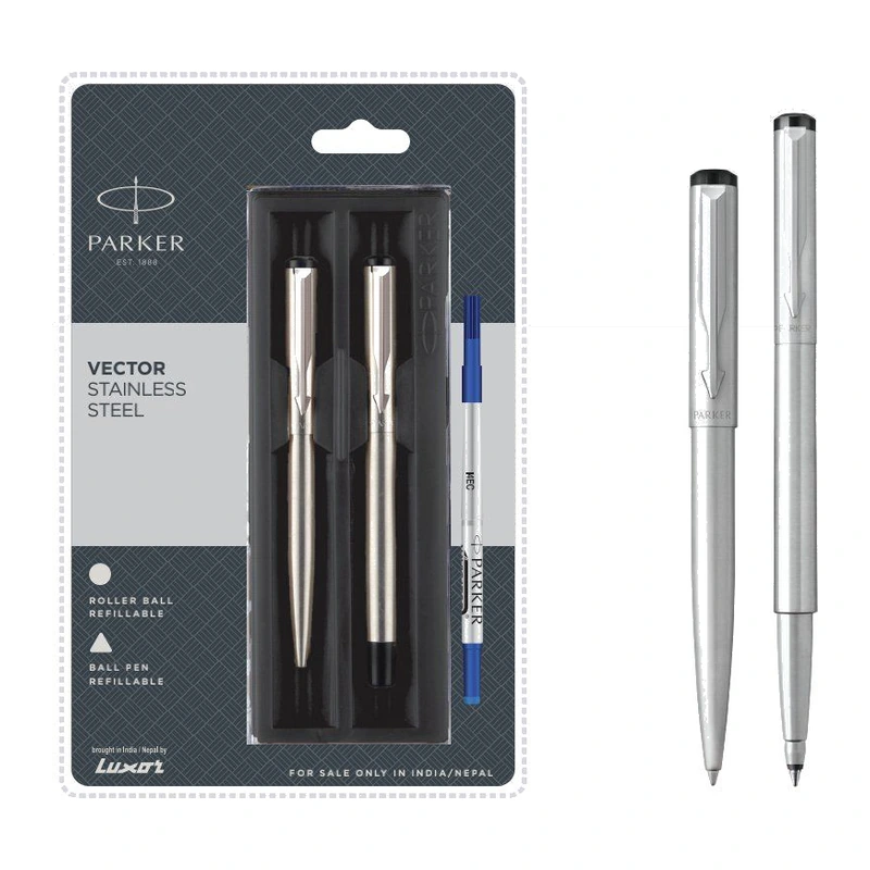 Parker Vector Stainless Steel Ball Pen + Roller Ball Pen Set (Chrome Trim)