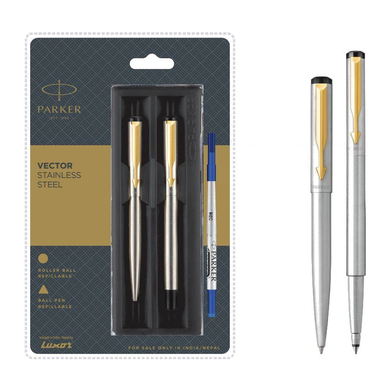 Parker Vector Stainless Steel Ball Pen + Roller Ball Pen Set (Gold Trim)