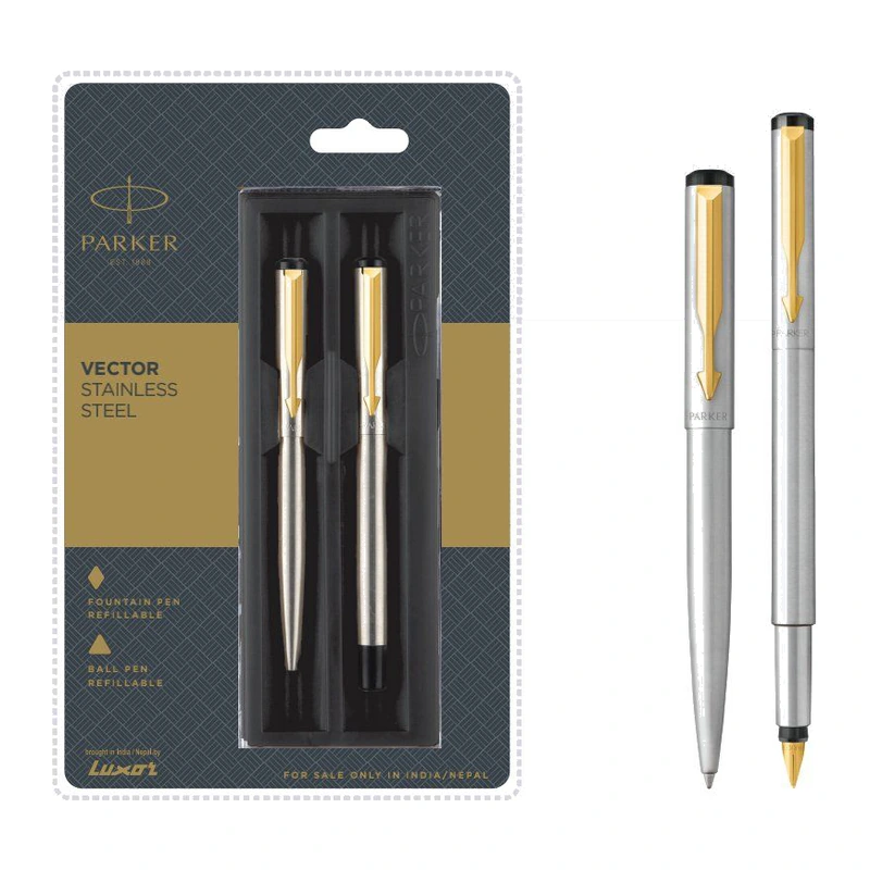 Parker Vector Stainless Steel Ball Pen + Fountain Pen Set (Gold Trim)