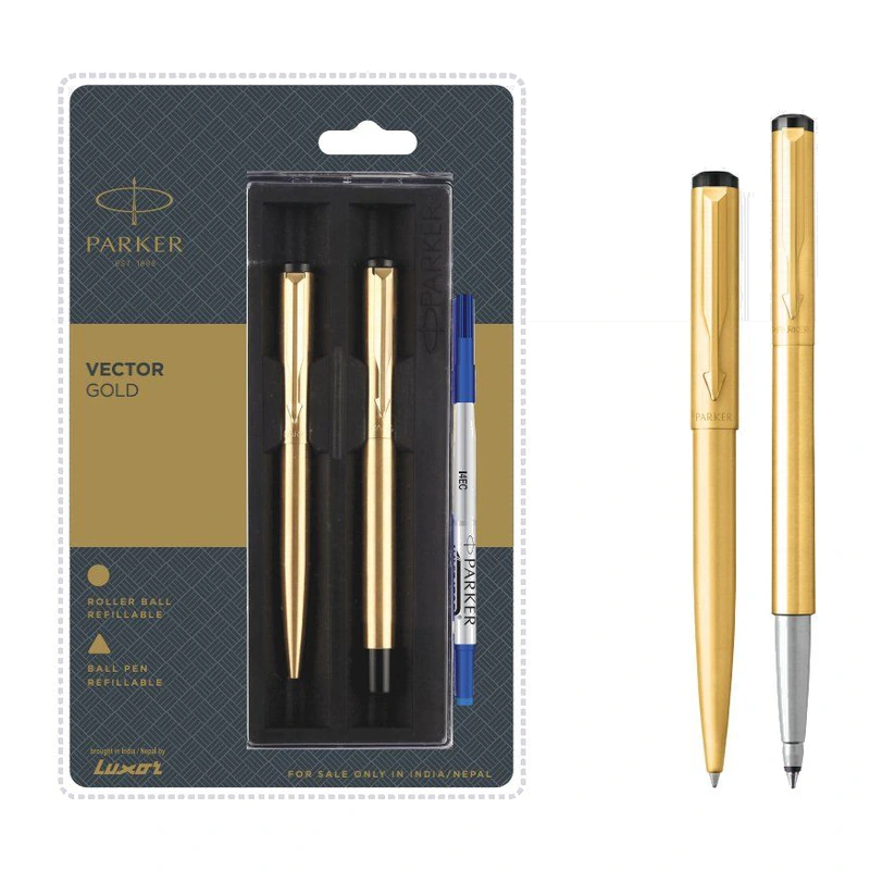 Parker Vector Gold Ball Pen + Roller Ball Pen Set (Gold Trim)
