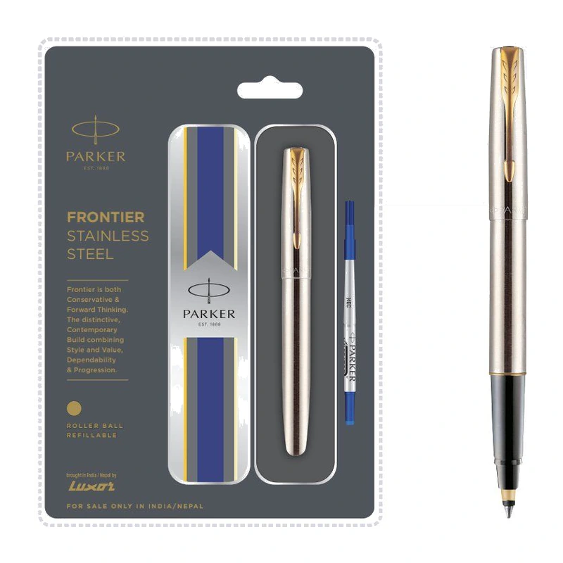 Parker Frontier Stainless Steel Roller Ball Pen (Gold Trim)