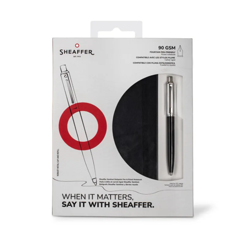 Gift Set: Glossy black and brushed chrome Sheaffer Sentinel Ballpoint Pen with chrome trim and medium notebook