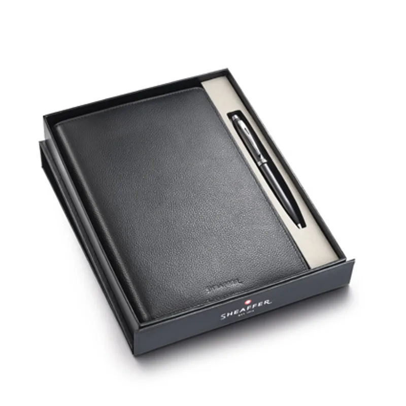 Gift Set: Glossy black Sheaffer 100 Ballpoint Pen with chrome trims and Leather Notebook Jacket
