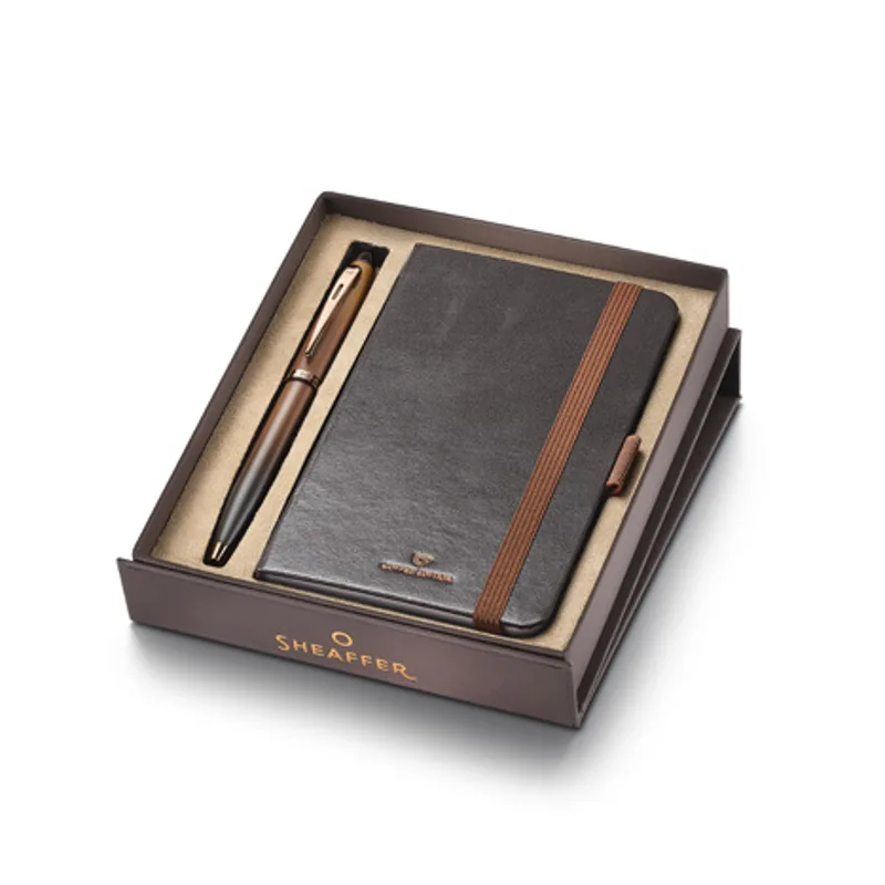 Gift Set: Matte brown lacquer Sheaffer 100 ballpoint pen with regal brown PVD trim and small notebook