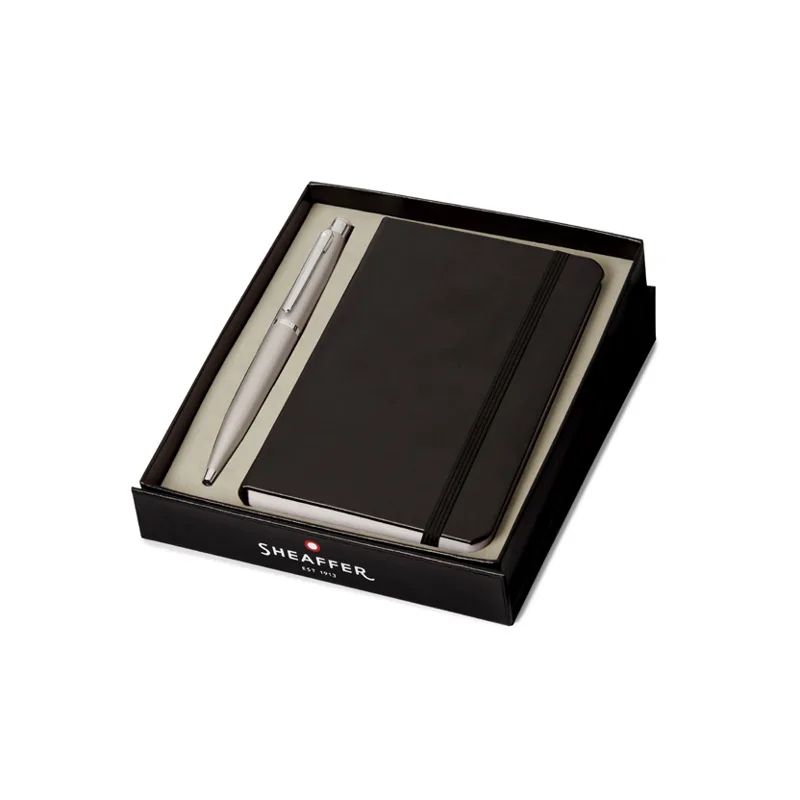 Gift Set: Strobe silver Sheaffer VFM Ballpoint Pen with chrome trim and Sheaffer Small Notebook