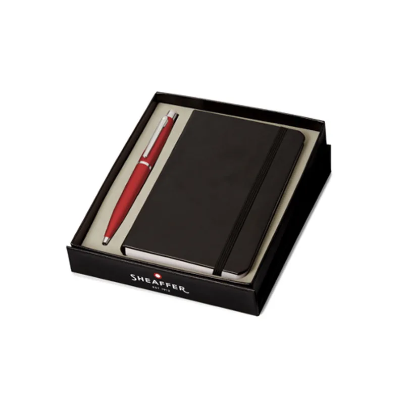 Gift Set: Excessive red Sheaffer VFM Ballpoint Pen with chrome trim and Sheaffer Small Notebook