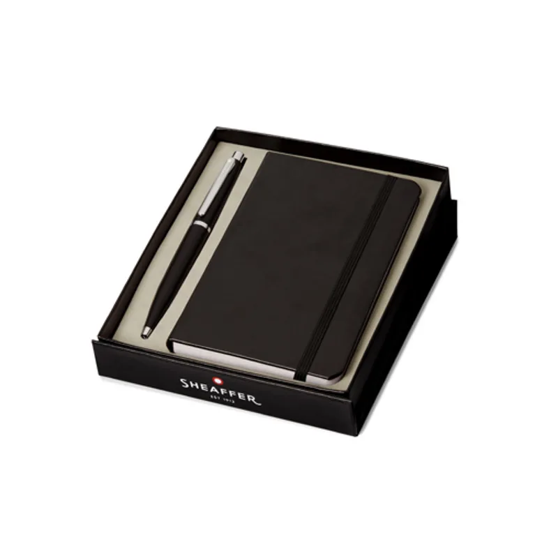 Gift Set: Matte black Sheaffer VFM Ballpoint Pen with chrome trim and Sheaffer Small Notebook