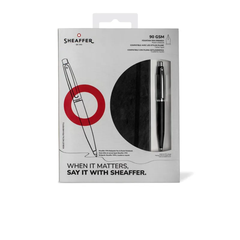 Gift Set: Matte black Sheaffer VFM Ballpoint Pen with chrome trim and medium notebook